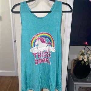 GRRRL Open Slit Back Cyan Unicorn Graphic Tank Top